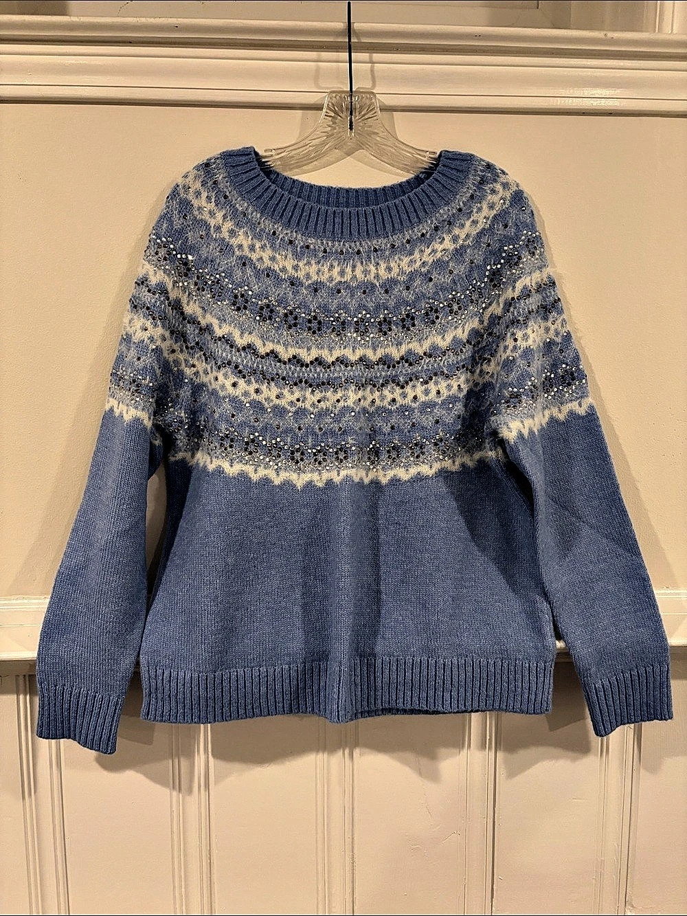 Talbots Sparkle Fair Isle Sweater Blue & White Size Petite Large